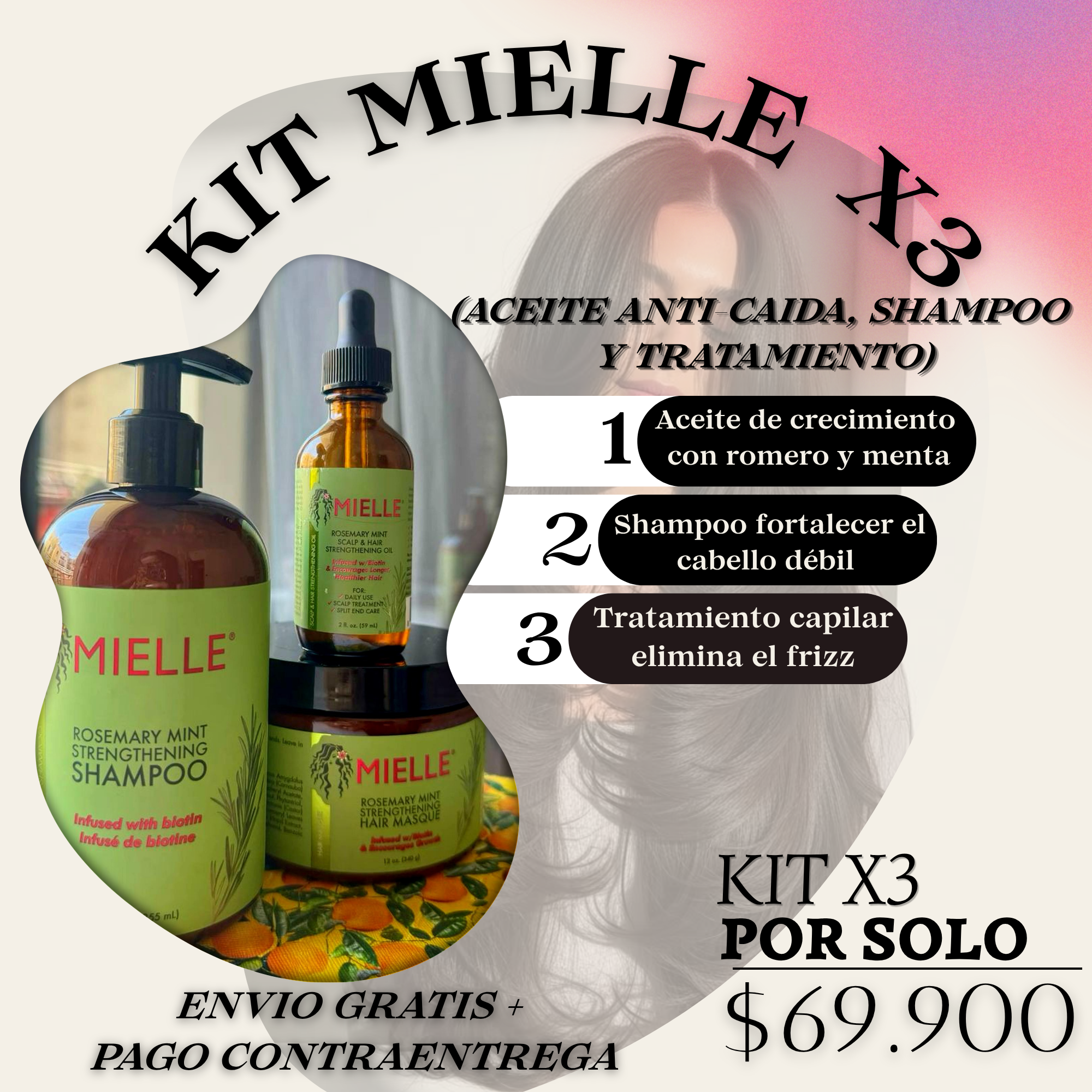 KIT MIELLE X3 (ACEITE ANTI-CAIDA, SHAMPOO Y TRATAMIENTO)